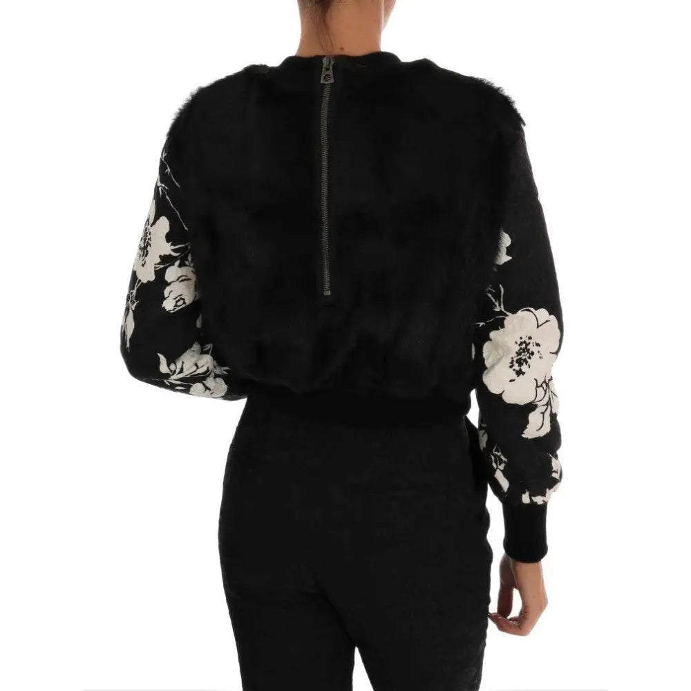 Dolce & Gabbana Black Fur Floral Brocade Zipper Sweater