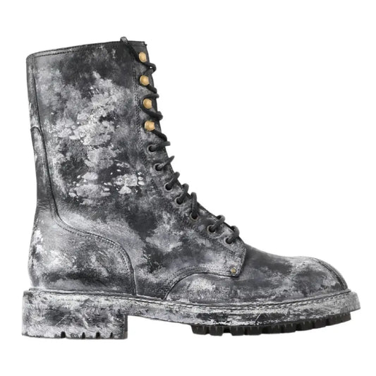 Dolce & Gabbana Black Gray Leather Mid Calf Boots Shoes