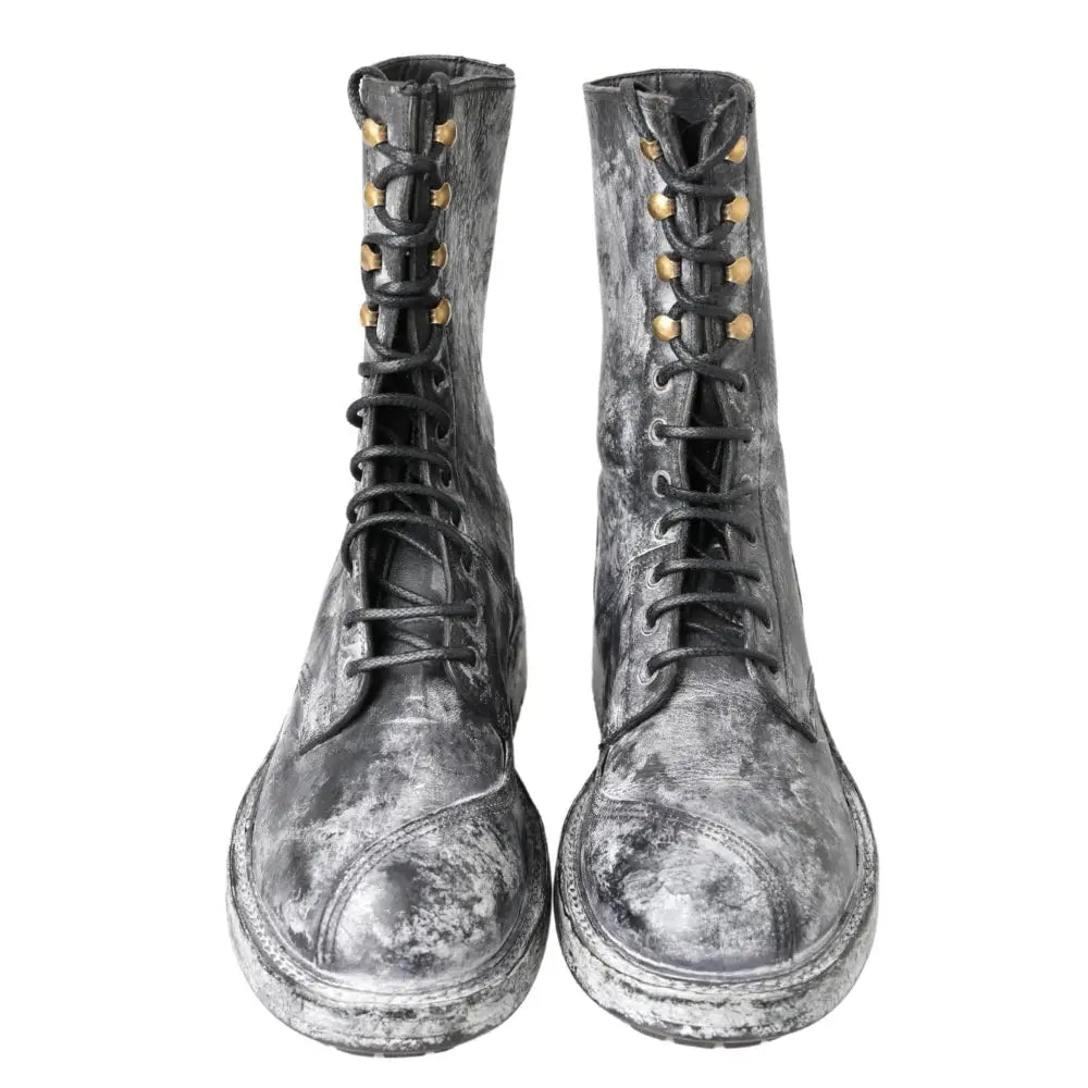 Dolce & Gabbana Black Gray Leather Mid Calf Boots Shoes