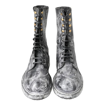 Dolce & Gabbana Black Gray Leather Mid Calf Boots Shoes