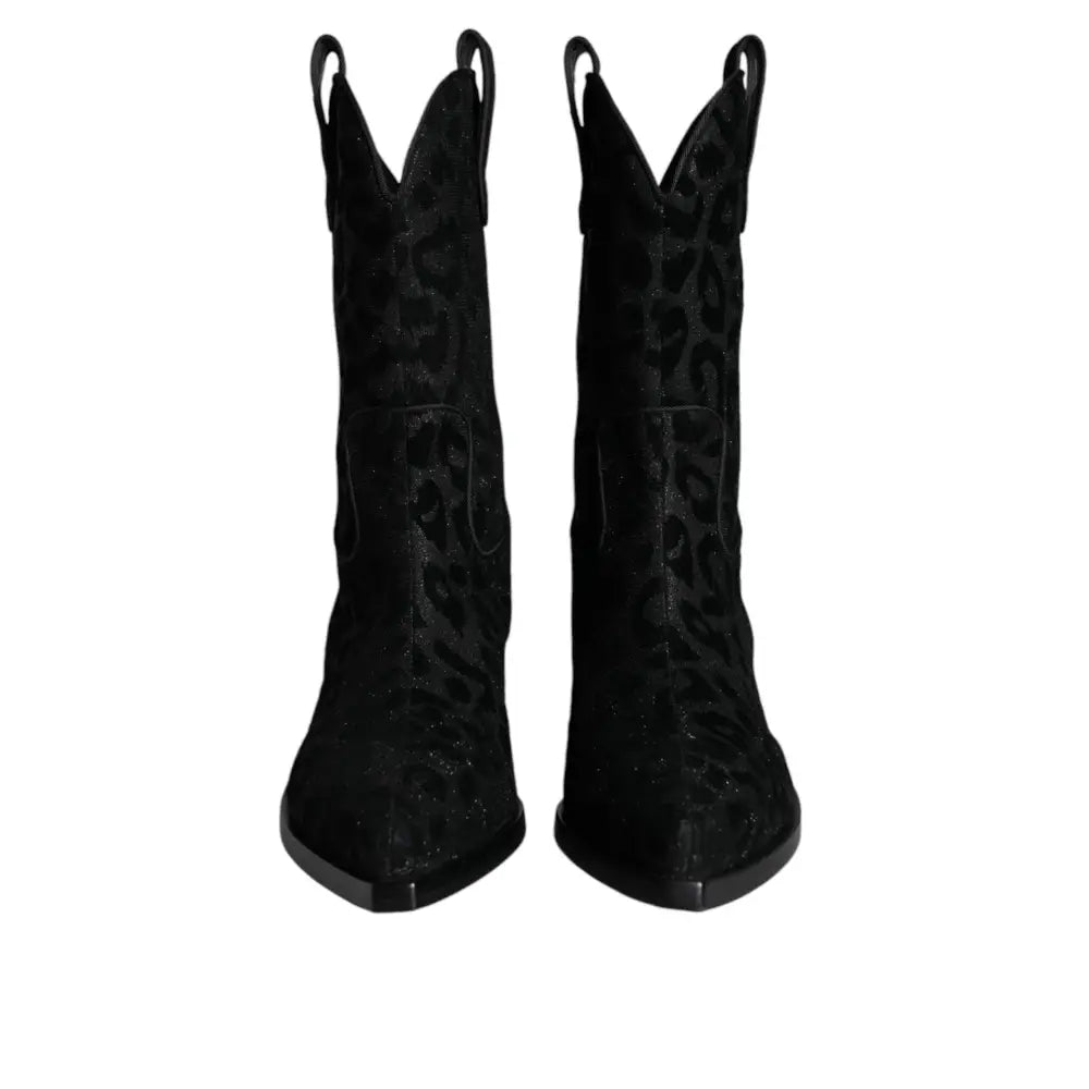 Dolce & Gabbana Black Gray Leopard Cowboy Boots Shoes