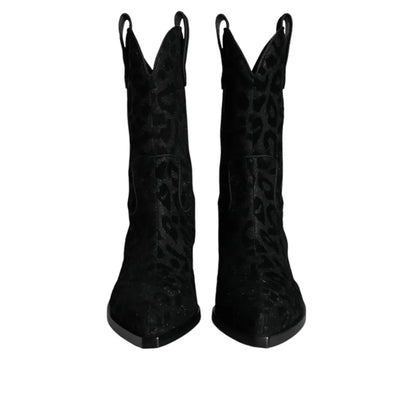 Dolce & Gabbana Black Gray Leopard Cowboy Boots Shoes