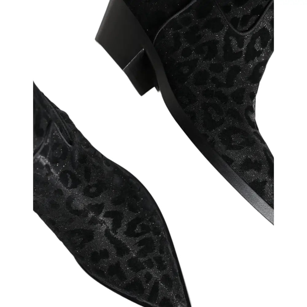 Dolce & Gabbana Black Gray Leopard Cowboy Boots Shoes