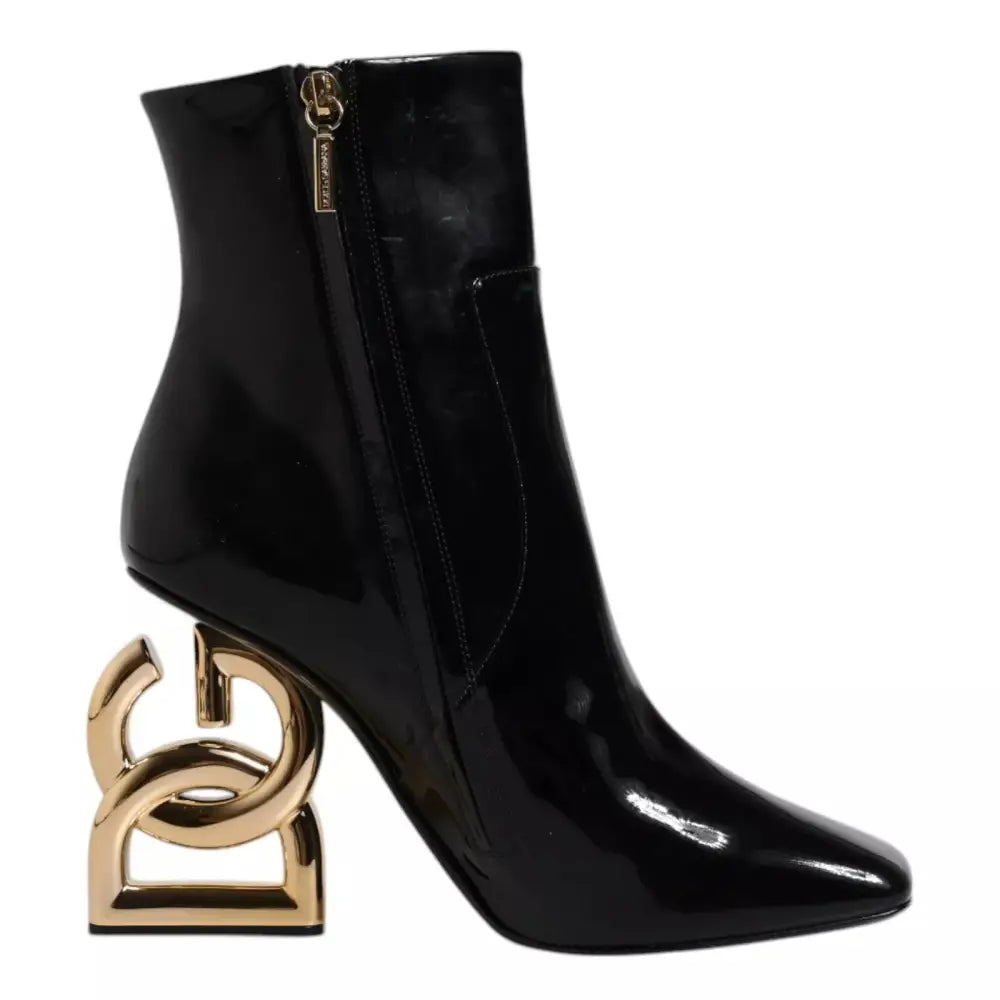 Dolce & Gabbana black Jackie patent leather ankle boot with gold-tone DG heel