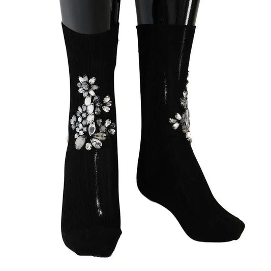 Dolce & Gabbana Black Knitted Floral Clear Crystal Socks