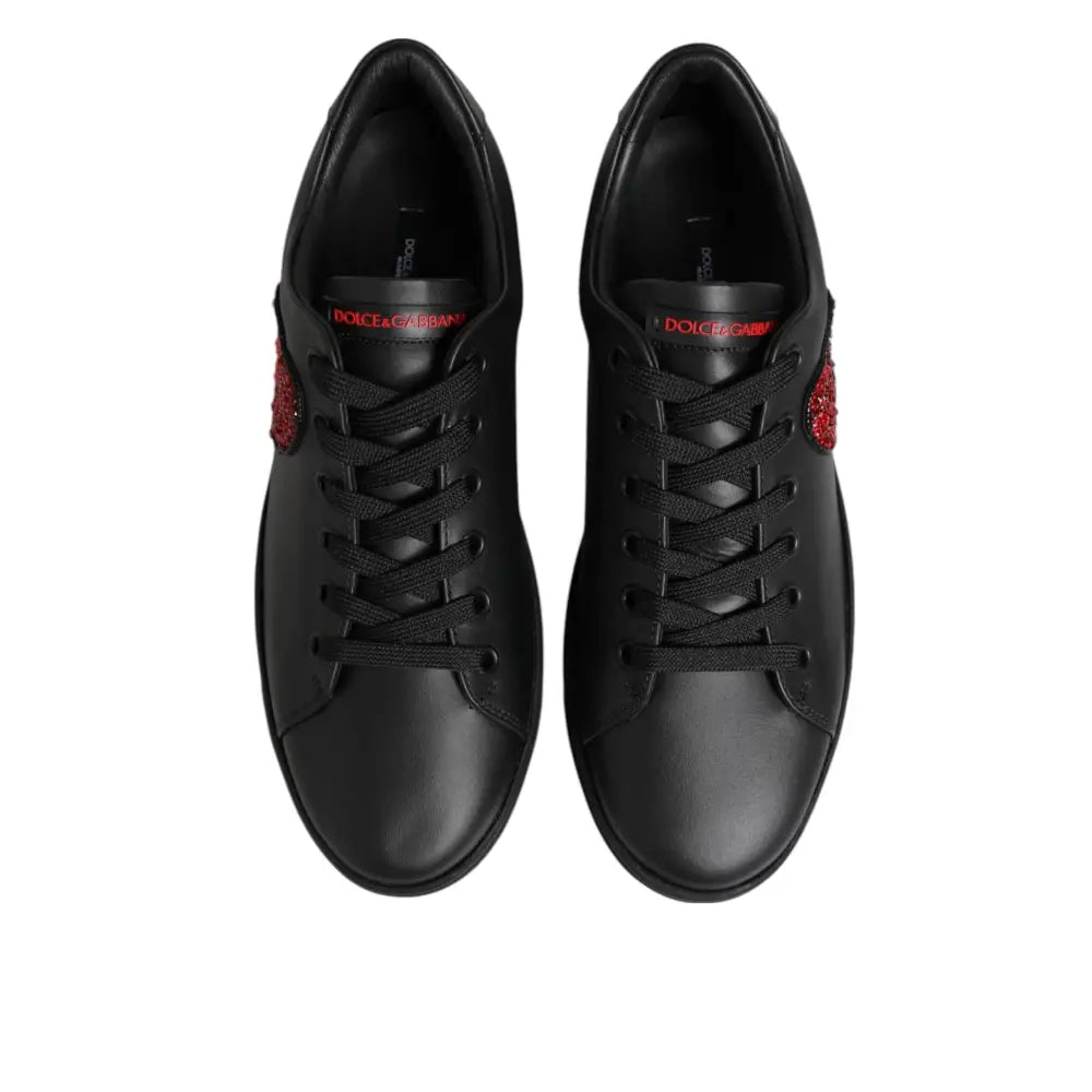 Dolce & Gabbana Black Leather Crystal Heart Low Top Sneakers Shoes