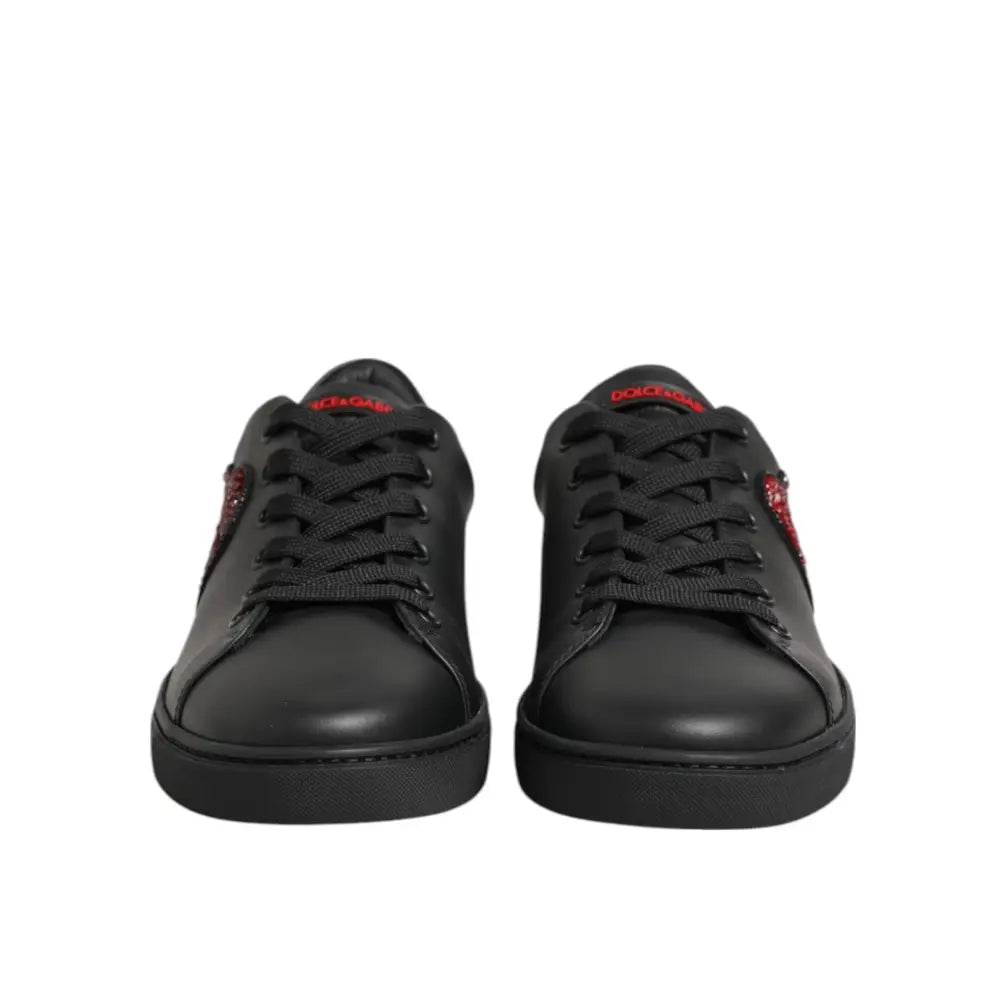 Dolce & Gabbana Black Leather Crystal Heart Low Top Sneakers Shoes