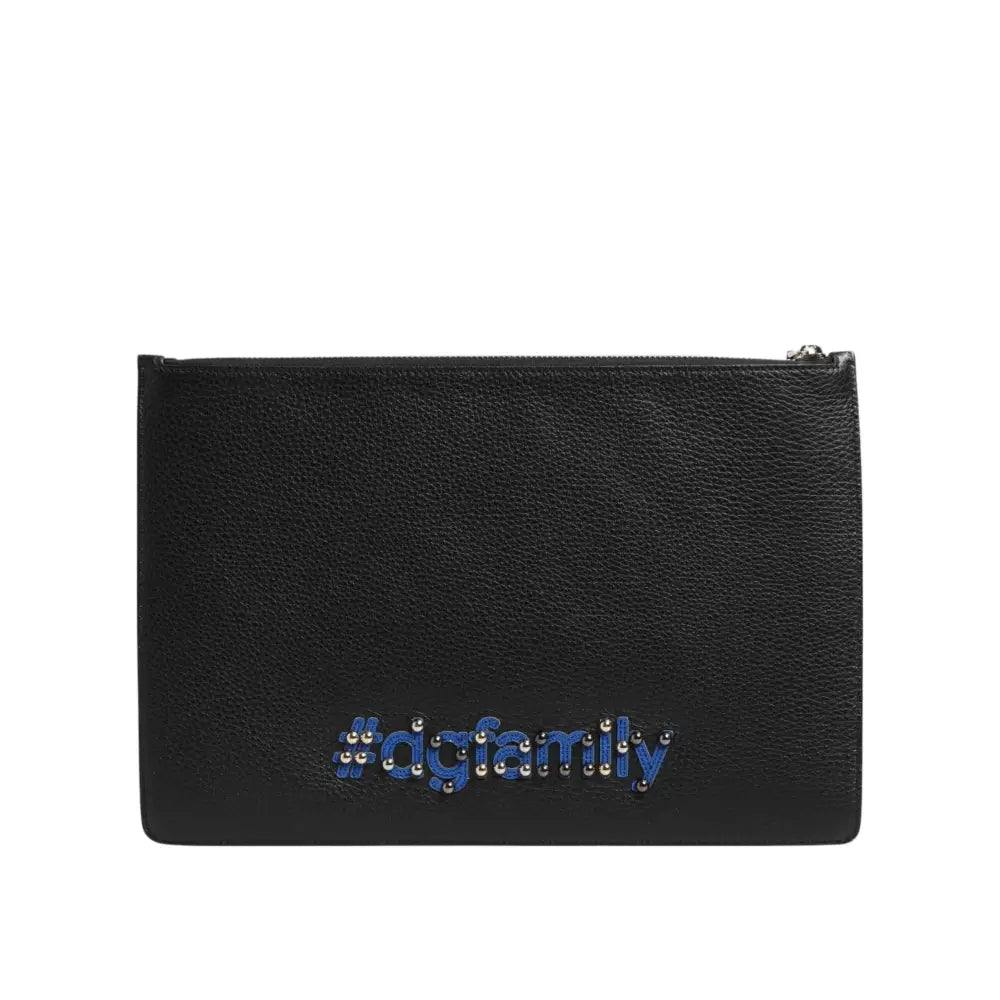 Dolce & Gabbana Black Leather #DGFAMILY Embellished Men Clutch Pouch Bag