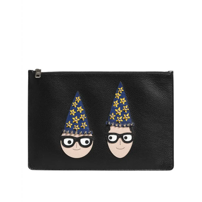 Dolce & Gabbana gabbana black leather clutch med tegneserieansigter i troldmandshuer