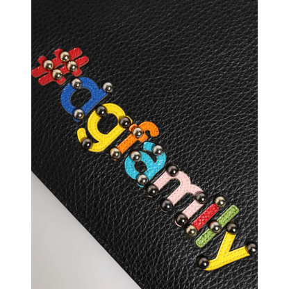 Dolce & Gabbana black leather clutch med perle ’dorothy’ og rød blomst