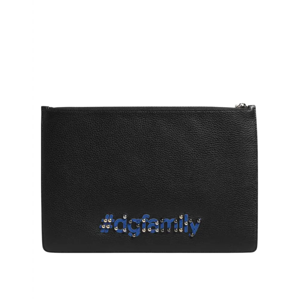 Dolce & Gabbana sort sort black leather taske med #dogfamily broderi i blå og sølv