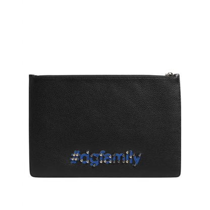 Dolce & Gabbana sort sort black leather taske med #dogfamily broderi i blå og sølv