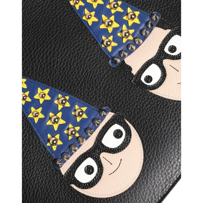 Dolce & Gabbana black leather #DGFAMILY clutch med tegneserieansigter i troldmandshuer