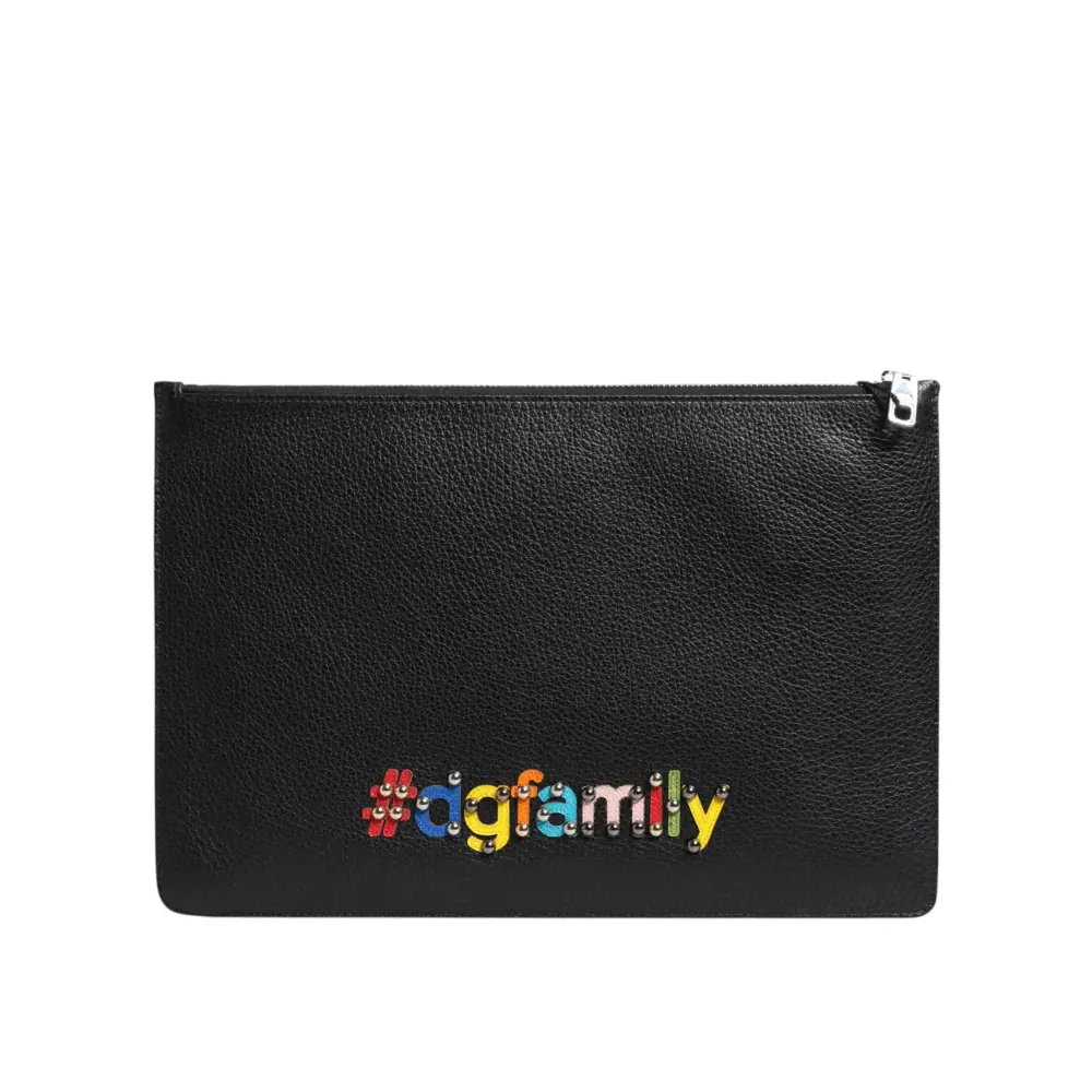 Dolce & Gabbana sort svart læder clutch med farverig #ogfamily emblem i rhinsten
