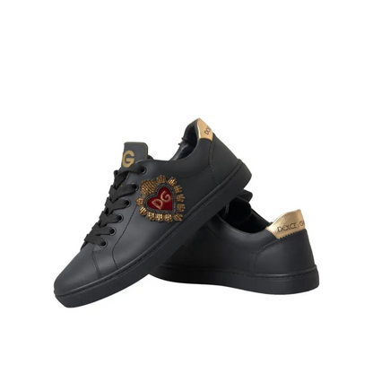 Dolce & Gabbana Black Leather Heart Embellished Sneakers Shoes - Sneakers