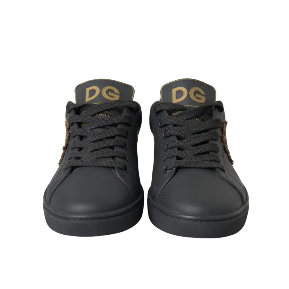 Dolce & Gabbana Black Leather Heart Embellished Sneakers Shoes - Sneakers