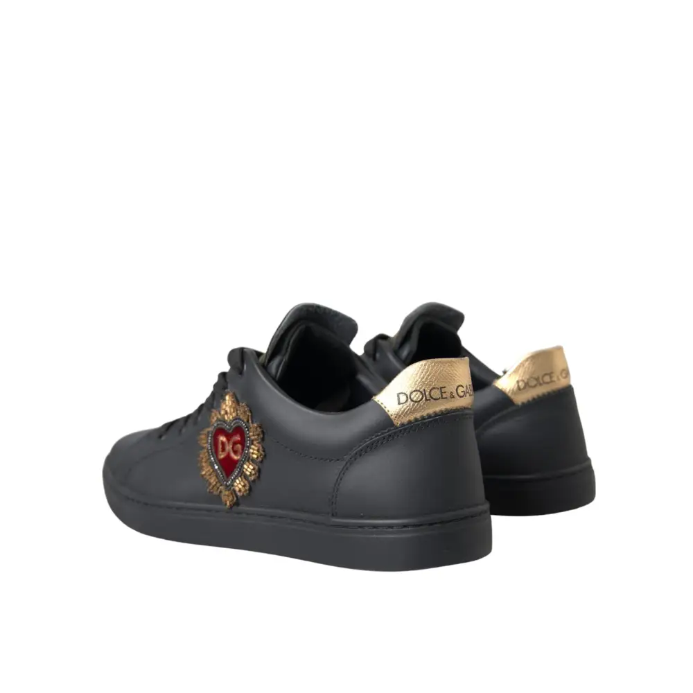 Dolce & Gabbana Black Leather Heart Embellished Sneakers Shoes - Sneakers