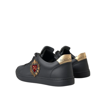 Dolce & Gabbana Black Leather Heart Embellished Sneakers Shoes - Sneakers