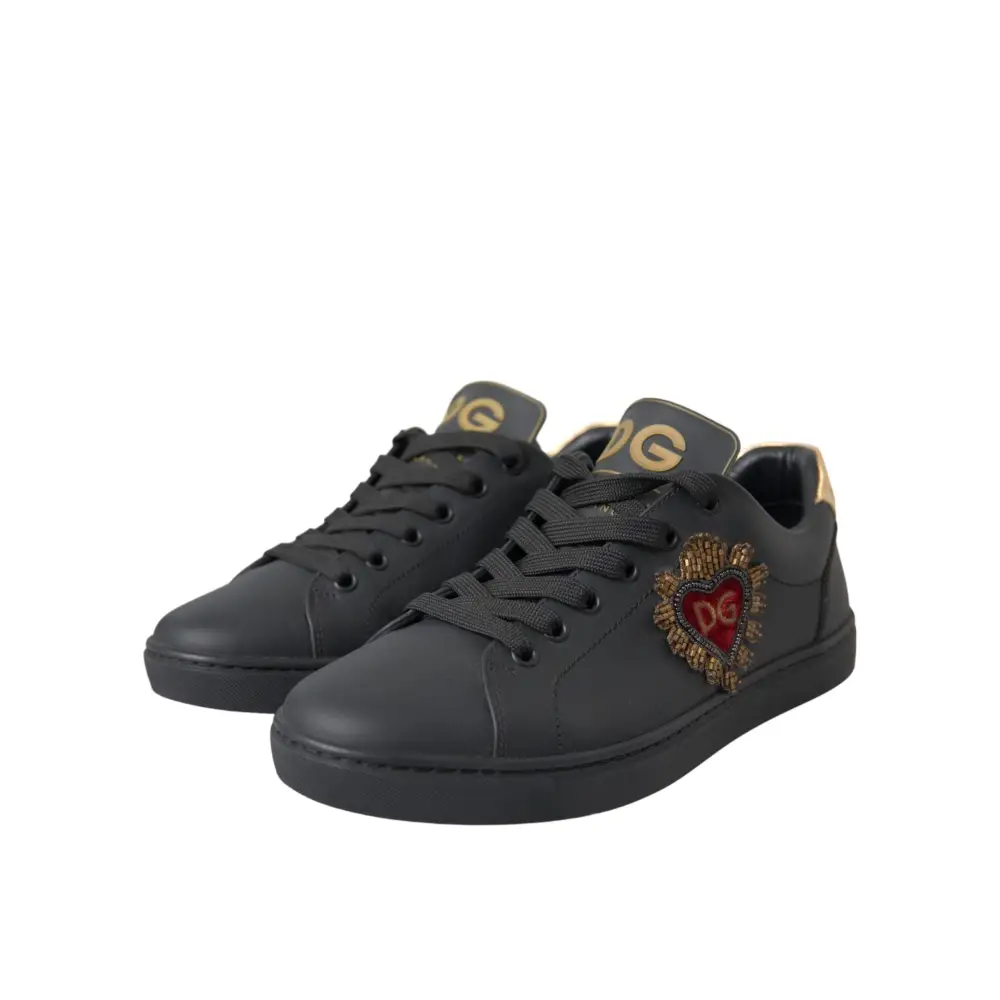 Dolce & Gabbana Black Leather Heart Embellished Sneakers Shoes - Sneakers
