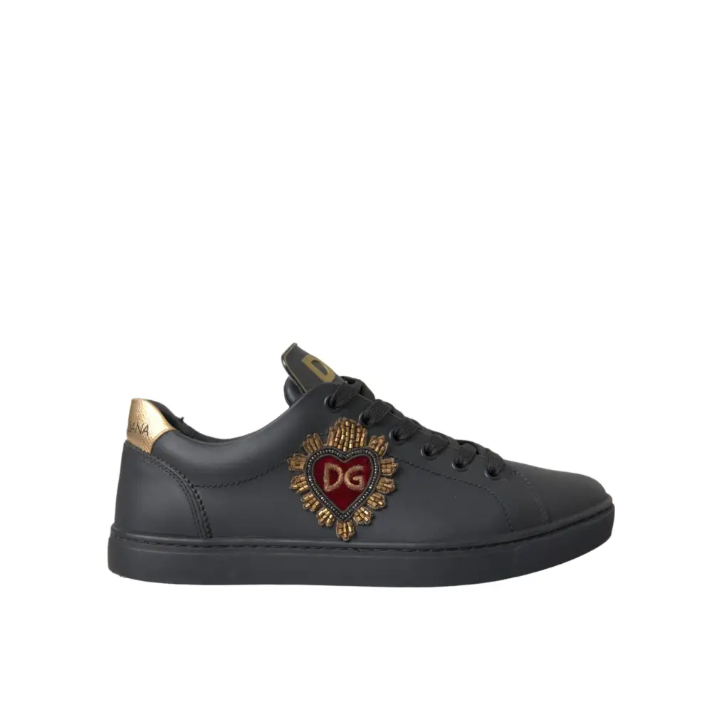 Dolce & Gabbana Black Leather Heart Embellished Sneakers Shoes - Sneakers