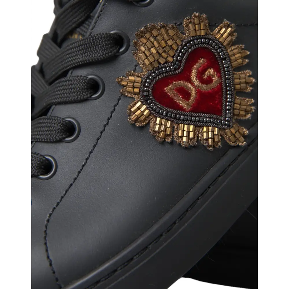 Dolce & Gabbana Black Leather Heart Embellished Sneakers Shoes - Sneakers