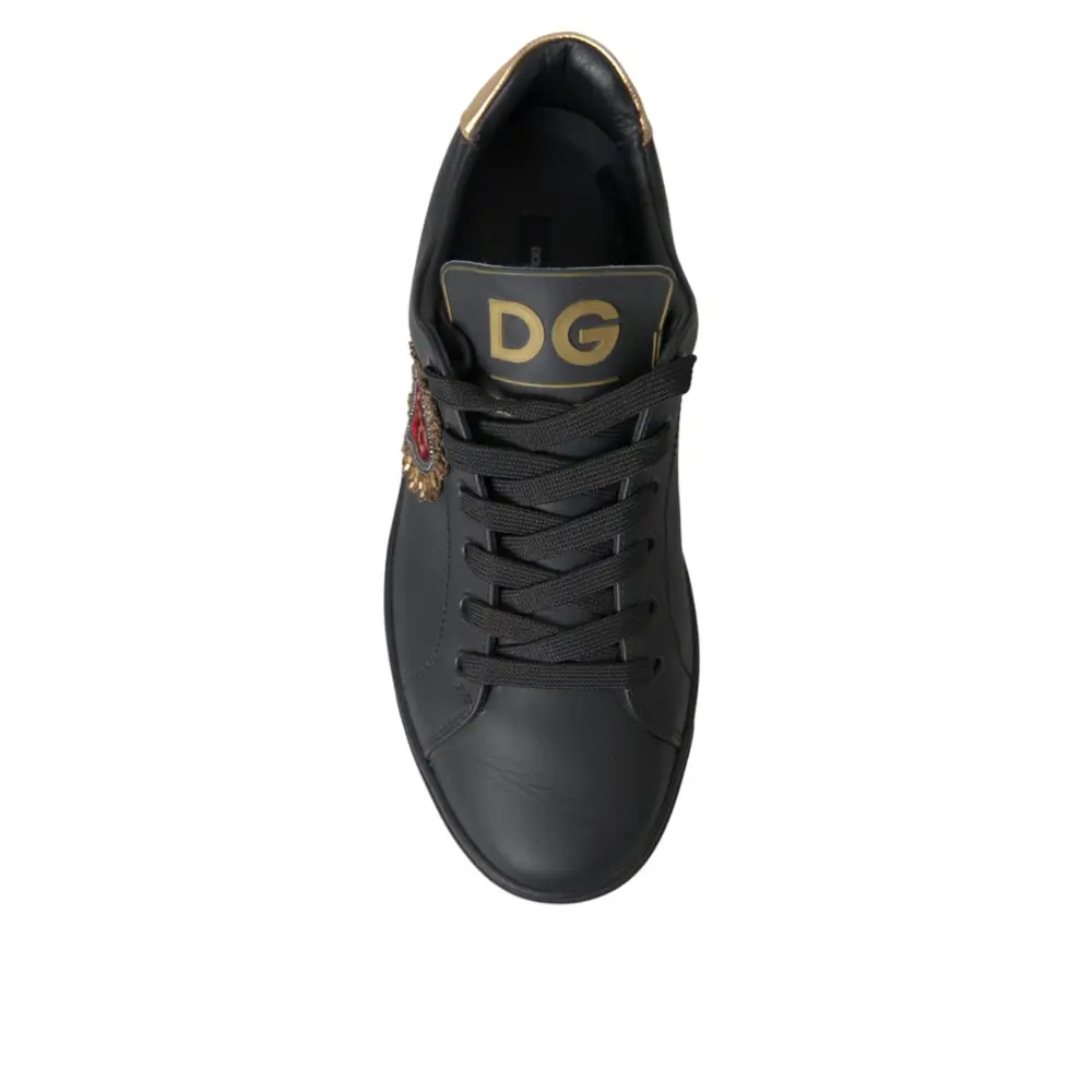 Dolce & Gabbana Black Leather Heart Embellished Sneakers Shoes - Sneakers