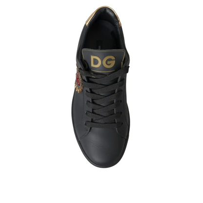 Dolce & Gabbana Black Leather Heart Embellished Sneakers Shoes - Sneakers