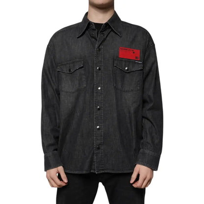 Dolce & Gabbana Black Logo Cotton Button Down Denim Shirt