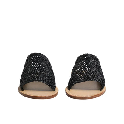 Dolce & Gabbana Black Monochrome Braided Raffia Slides Shoes