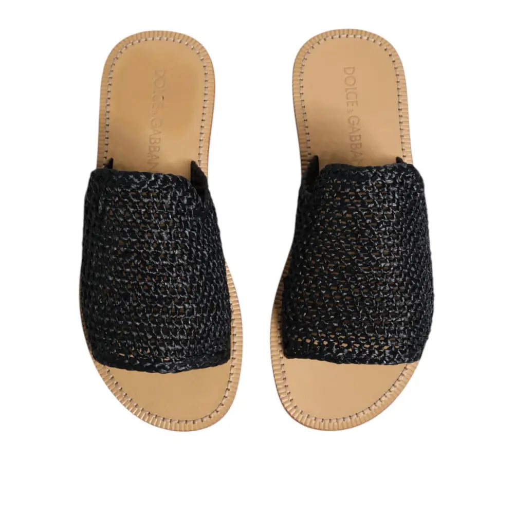 Dolce & Gabbana Black Monochrome Braided Raffia Slides Shoes