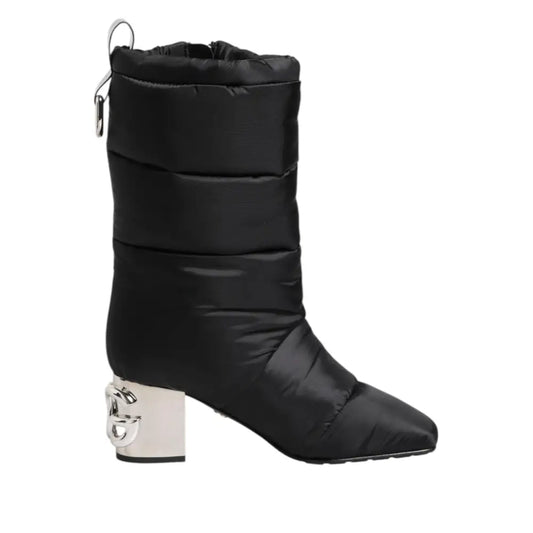 Dolce & Gabbana Black Padded Mid Calf Logo Heel Boots Shoes