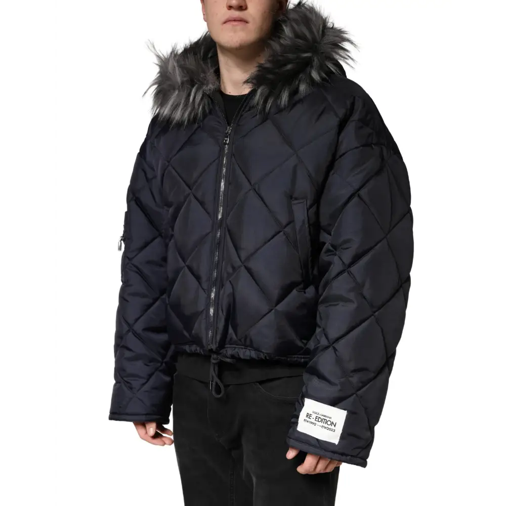 Dolce & Gabbana Black Quilted Fur Shearling Hooded Jacket - Jakke