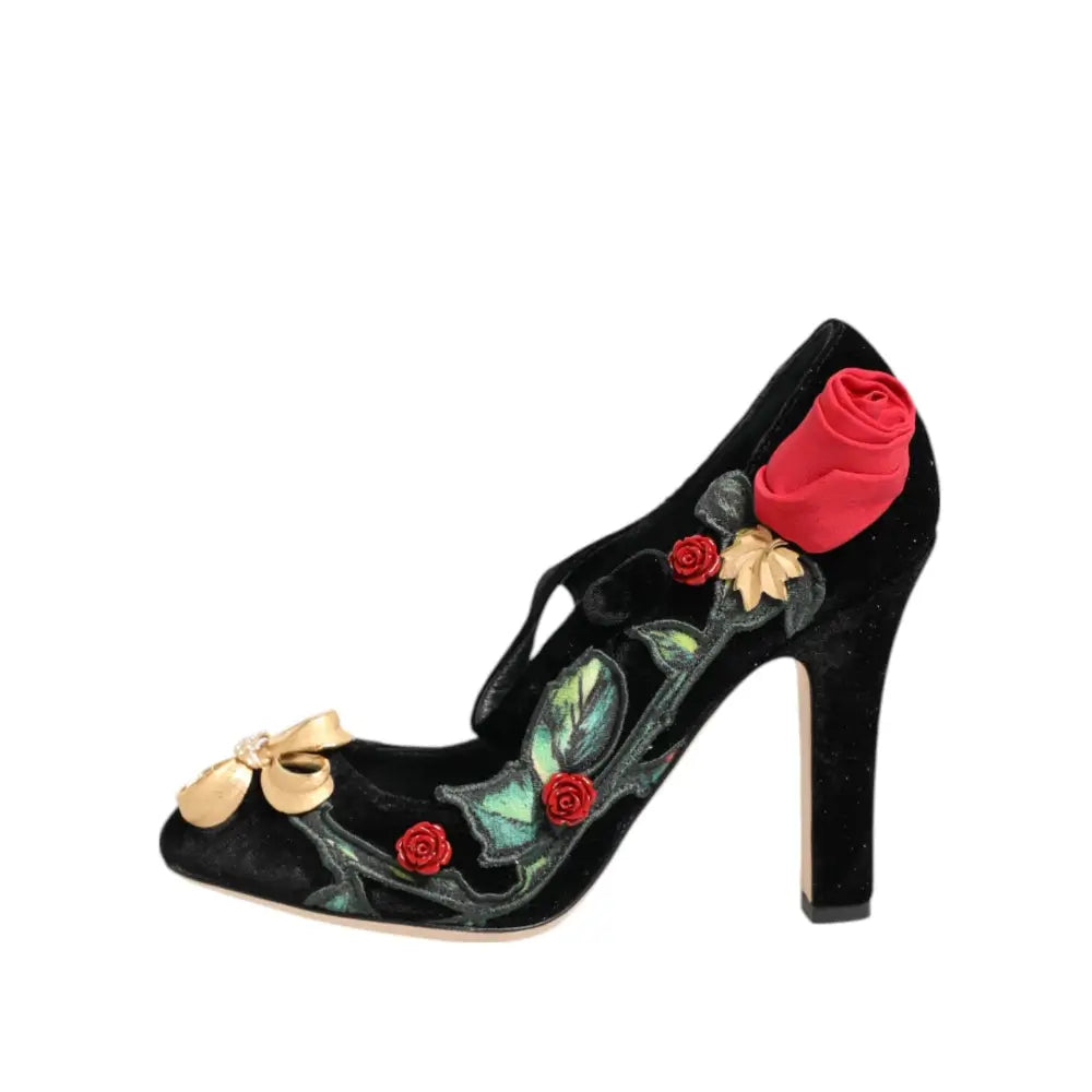 Dolce & Gabbana Black Roses Crystal Brooch Mary Jane Shoes