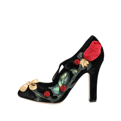 Dolce & Gabbana Black Roses Crystal Brooch Mary Jane Shoes