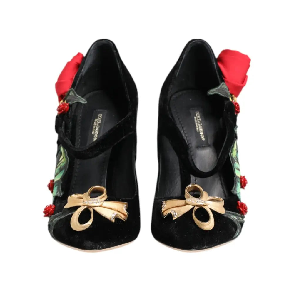 Dolce & Gabbana Black Roses Crystal Brooch Mary Jane Shoes