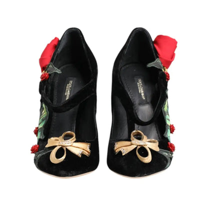 Dolce & Gabbana Black Roses Crystal Brooch Mary Jane Shoes