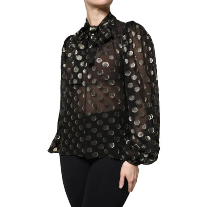 Dolce & Gabbana Black Sheer Tied Neck Polka Dots Blouse Top