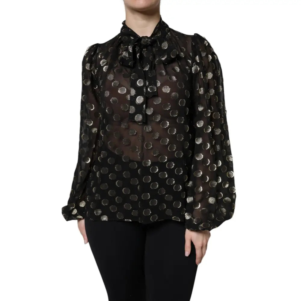 Dolce & Gabbana Black Sheer Tied Neck Polka Dots Blouse Top