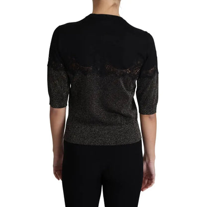 Dolce & Gabbana Black Shiny Lurex Lace Insert Pullover Top
