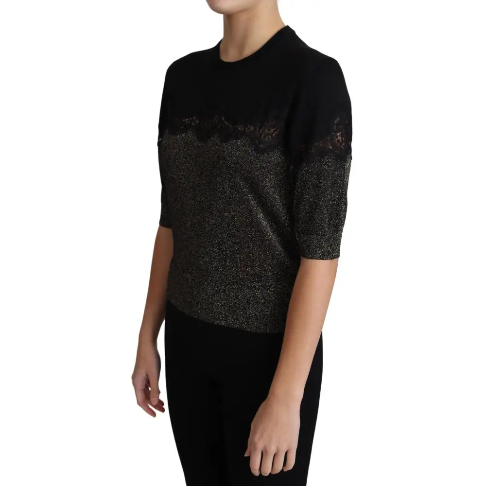 Dolce & Gabbana Black Shiny Lurex Lace Insert Pullover Top