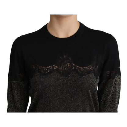 Dolce & Gabbana Black Shiny Lurex Lace Insert Pullover Top