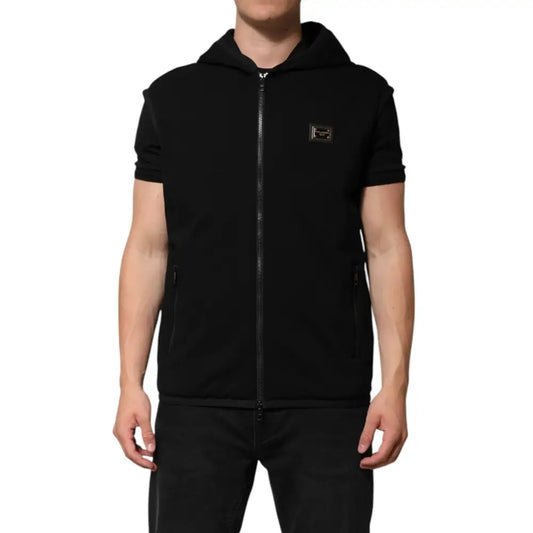 Dolce & Gabbana Black Sleeveless Hooded Logo Plaque Jacket