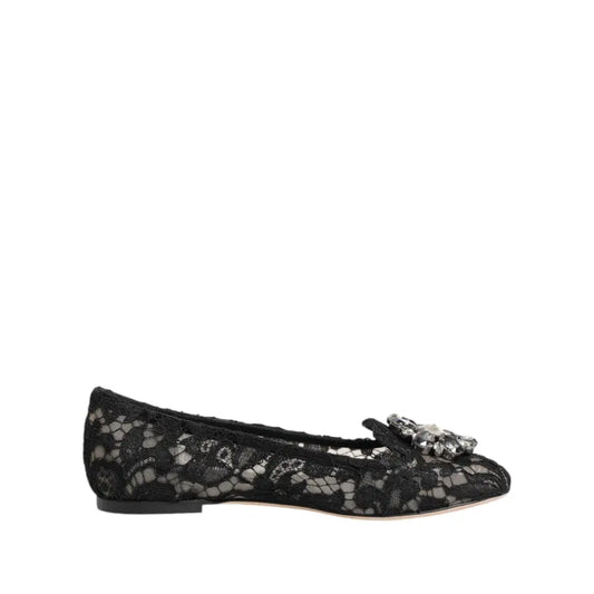 Dolce & Gabbana Black Taormina Lace Crystals Flats Shoes