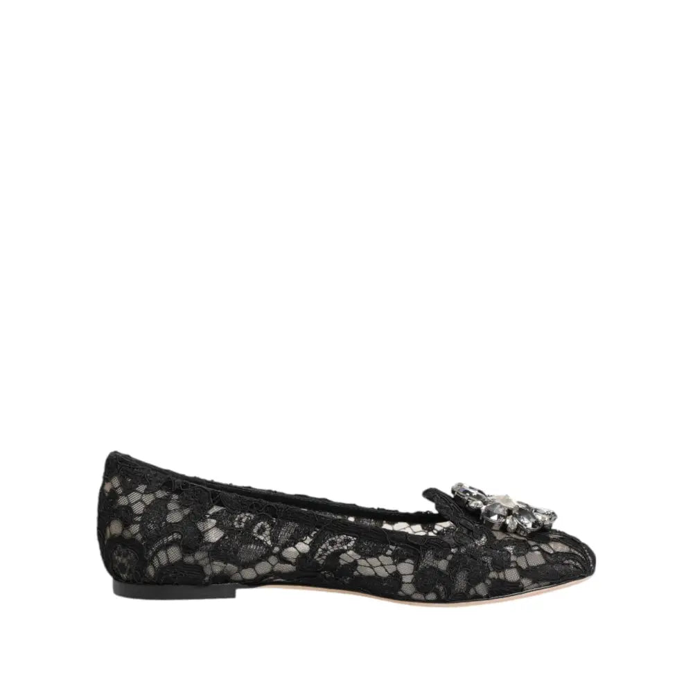 Dolce & Gabbana Black Taormina Lace Crystals Flats Shoes