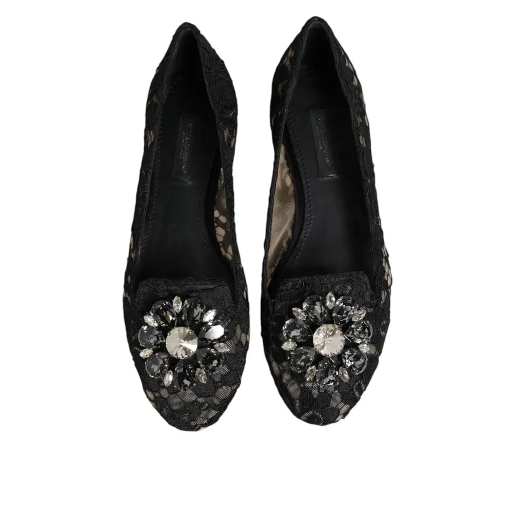 Dolce & Gabbana Black Taormina Lace Crystals Flats Shoes
