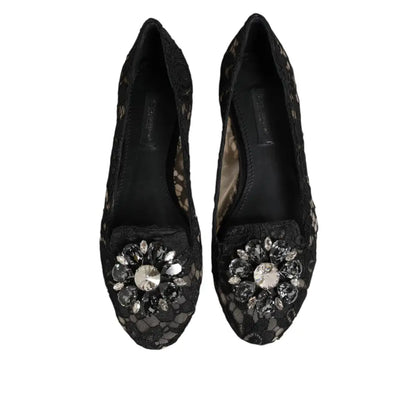 Dolce & Gabbana Black Taormina Lace Crystals Flats Shoes
