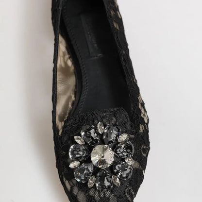 Dolce & Gabbana Black Taormina Lace Crystals Flats Shoes
