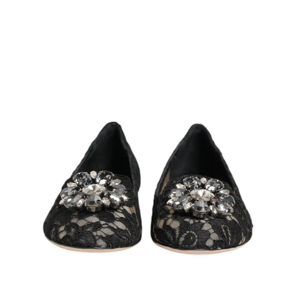 Dolce & Gabbana Black Taormina Lace Crystals Flats Shoes