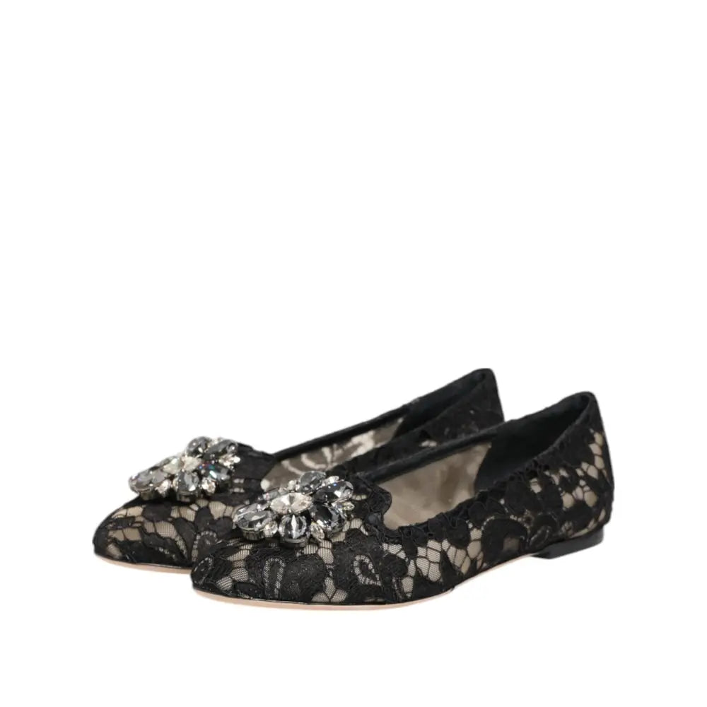 Dolce & Gabbana Black Taormina Lace Crystals Flats Shoes