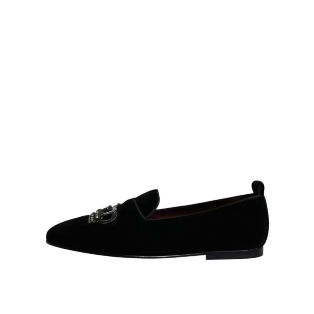 Dolce & Gabbana Black Velvet Crystal Crown Loafers Formal Dress Shoes